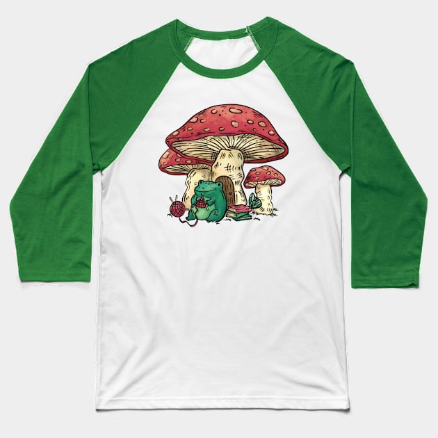 Cute Frog Knitting Mushrooms Cottagecore Farmcore Countrycore Baseball T-Shirt by Sassee Designs